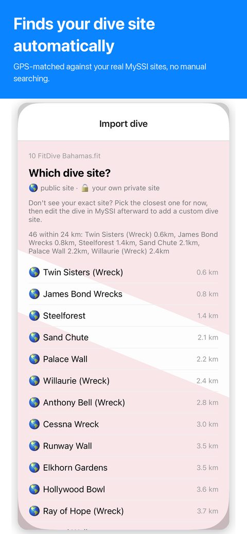 FitDive automatically matching a Garmin dive to a real dive site